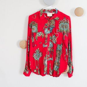Anthropologie Red Button Down Shirt with Intricate Patterns
